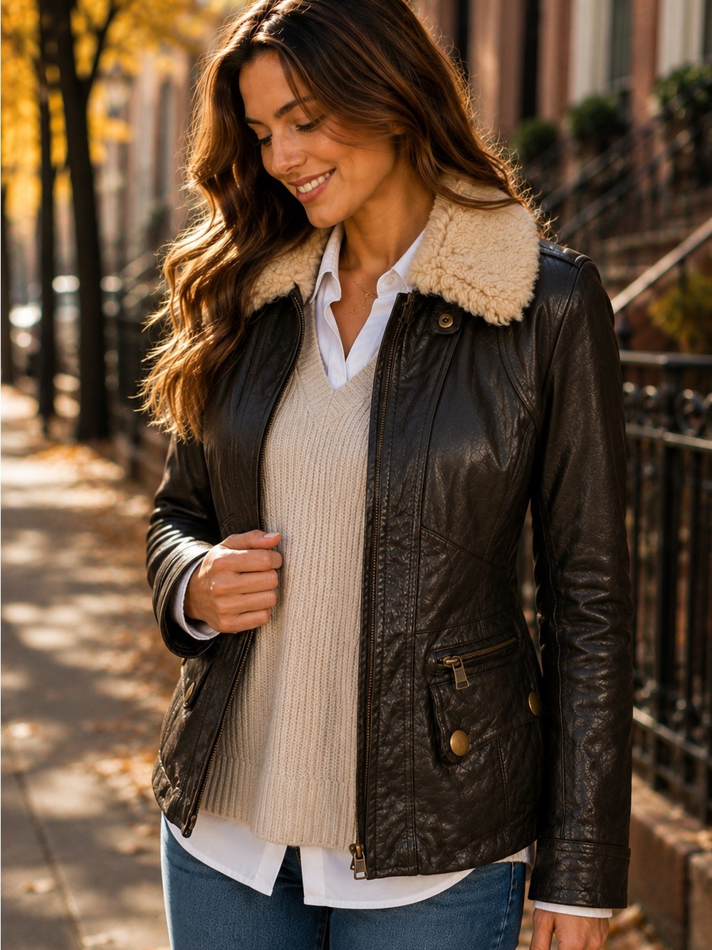 Banana Republic Leather Jacket - Shearling Collar - Size XS